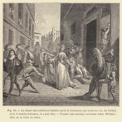 رحيل الكوميديين الإيطاليين ، بأمر من الملك ، لمسرح الكوميدي الإيطالي ، 4 مايو 1697 (نقش) بواسطة المدرسة الفرنسية