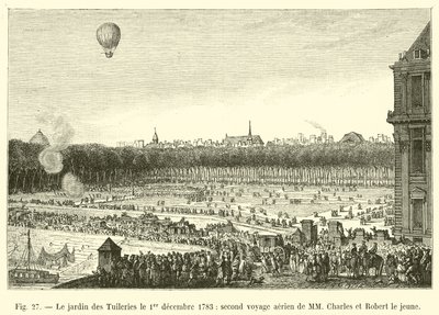 حديقة التويلري في 1 ديسمبر 1783 ، الرحلة الجوية الثانية للسيد تشارلز وروبرت الأصغر بواسطة المدرسة الفرنسية