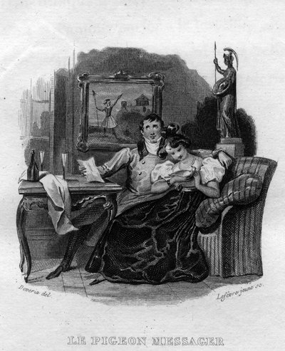 Le pigeon messager Chanson de Beranger في "" Oeuvres Completees "(1834) من تأليف Pierre Jean de Beranger (1780-1857) ، الشاعر وكاتب الأغاني الفرنسي. بواسطة المدرسة الفرنسية