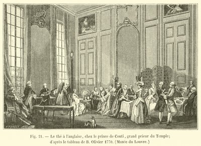 الشاي الإنجليزي في الأمير دي كونتي ، الكبير قبل المعبد ؛ بعد لوحة ب اوليفييه 1770 ، متحف اللوفر بواسطة المدرسة الفرنسية