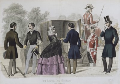 المغادرة لركوب سيارة أجرة ، رسم توضيحي من Le Journal des Tailleurs ، 1856 (نقش الألوان) بواسطة المدرسة الفرنسية