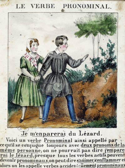 درس في الأفعال الضمنية. في "" La grammaire en images "" ، نشرة الألبوم ، حوالي عام 1850. بواسطة المدرسة الفرنسية
