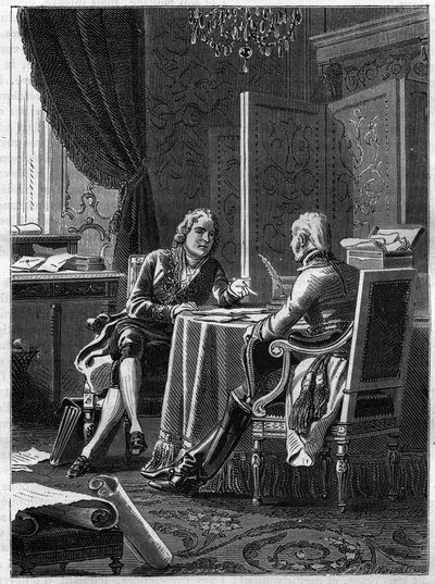 محاضرة بين كونت سانت جوليان (سانت جوليان) ، ممثل النمسا ، وتشارلز موريس من Talleyrand Perigord (Talleyrand-Perigord بواسطة المدرسة الفرنسية