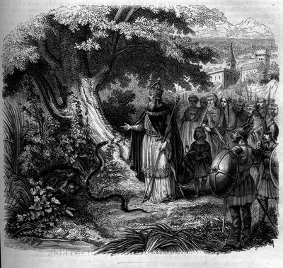 أسطورة شارلمان والثعبان: الإمبراطور أمام عش الأفعى يشغله الضفدع. نقش من 1852. بواسطة المدرسة الفرنسية