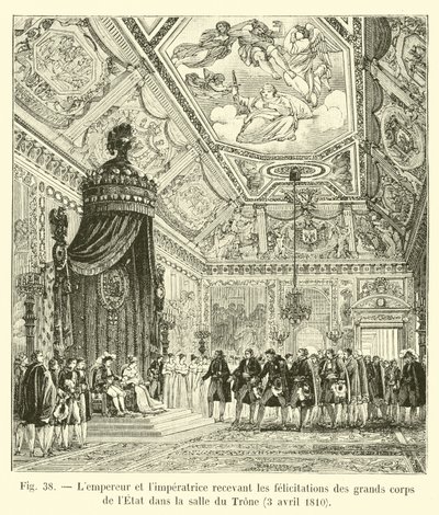 الإمبراطور وليمبريس يستقبلان التهاني من فيلق الدولة الكبير في قاعة العرش ، 3 أبريل 1810 بواسطة المدرسة الفرنسية