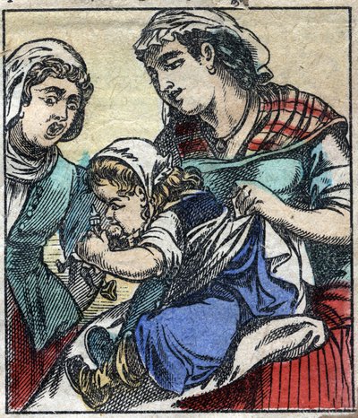 ليمويل جاليفر في Payx des Gants de Brobdingnag. رسم توضيحي لـ "" رحلات جاليفر "" لجوناثان سويفت (1667-1745). تصوير إبينال أواخر القرن التاسع عشر. بواسطة المدرسة الفرنسية