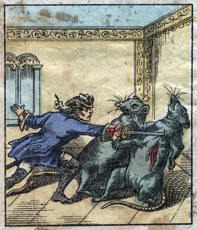 Lemuel Gulliver يحارب الفئران في أرض عمالقة Brobdingnag. رسم توضيحي لـ "" رحلات جاليفر "" لجوناثان سويفت (1667-1745). تصوير إبينال أواخر القرن التاسع عشر. بواسطة المدرسة الفرنسية
