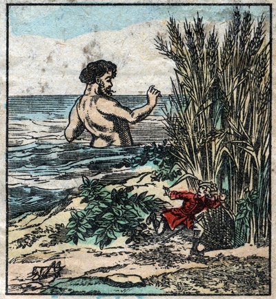 Lemuel Gulliver يختبئ من عملاق في Brobdingnag. رسم توضيحي لـ "" رحلات جاليفر "" لجوناثان سويفت (1667-1745). تصوير إبينال أواخر القرن التاسع عشر. بواسطة المدرسة الفرنسية