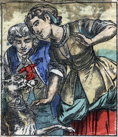 Lemuel Gulliver في أرض عمالقة Brobdingnag. رسم توضيحي لـ "" رحلات جاليفر "" لجوناثان سويفت (1667-1745). تصوير إبينال أواخر القرن التاسع عشر. بواسطة المدرسة الفرنسية