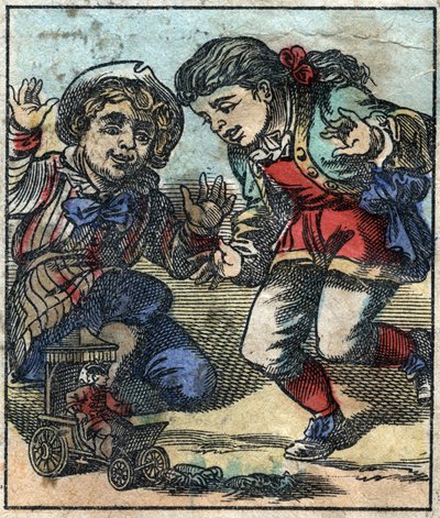 يستخدم Lemuel Gulliver كلعبة من قبل الأطفال العملاقين في Brobdingnag. رسم توضيحي لـ "" رحلات جاليفر "" لجوناثان سويفت (1667-1745). تصوير إبينال أواخر القرن التاسع عشر. بواسطة المدرسة الفرنسية