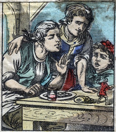 Lemuel Gulliver على طاولة عائلة Glumdalclitch ، في أرض عمالقة Brobdingnag. رسم توضيحي لـ "" رحلات جاليفر "" لجوناثان سويفت (1667-1745). تصوير إبينال أواخر القرن التاسع عشر. بواسطة المدرسة الفرنسية