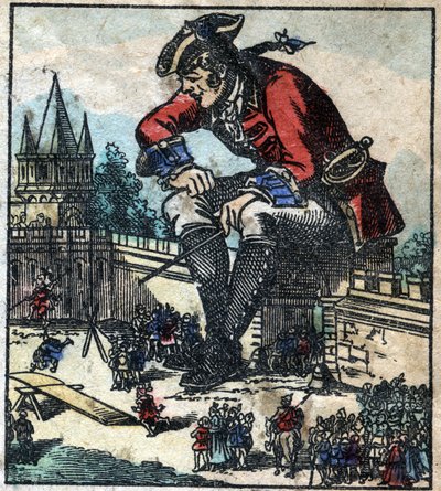 يشرح Lemuel Gulliver الجالس على جدار تحصينات المدينة الاستراتيجية لجيش Lilliputian. رسم توضيحي لـ "" رحلات جاليفر "" لجوناثان سويفت (1667-1745). تصوير إبينال أواخر القرن التاسع عشر. بواسطة المدرسة الفرنسية