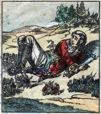 استيقظ Lemuel Gulliver بعد غرق سفينته وتم أسره من قبل Lilliputians. رسم توضيحي لـ "" رحلات جاليفر "" لجوناثان سويفت (1667-1745). تصوير إبينال أواخر القرن التاسع عشر. بواسطة المدرسة الفرنسية