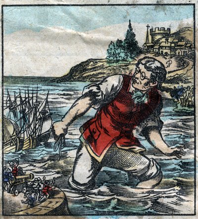 أطلق Lemuel Gullliver النار على السفن من جيش Blefuscu إلى ميناء العاصمة Lilliput. رسم توضيحي لـ "" رحلات جاليفر "" لجوناثان سويفت (1667-1745). تصوير إبينال أواخر القرن التاسع عشر. بواسطة المدرسة الفرنسية