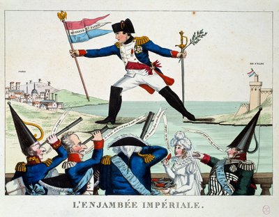L'enjambee Imperiale ؛ كاريكاتير يمثل نابليون الأول الذي فر من جزيرة إلبا للوصول إلى باريس. على علم "الشرف والوطن". نقش من عام 1815. باريس ، متحف كارنافاليت بواسطة المدرسة الفرنسية