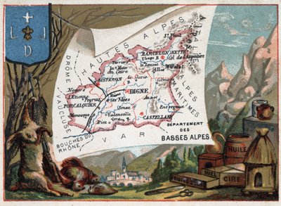 Les Basse Alpes (Basse-Alpes) ، قسم اليوم في Alpes-de-Haute-Provence (Alpes de Haute-Provence 04) ، فرنسا. التخصص المحلي: صيد ، شمع ، عسل ، فواكه مجففة ، زيت. سلسلة عن الأقسام الفرنسية. الطباعة الحجرية الملونة (Chromo) "" الجغرافية بواسطة المدرسة الفرنسية