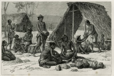 Les Indiens Galibis (or Kalinas) making pottery, engraving by D.Maillart, to illustrate the voyage of exploration in the interior of Guiana by Dr. Jules Crevaux, doctor of the French Navy, in 1876-1877, published in the tour du monde, under the direction o بواسطة المدرسة الفرنسية