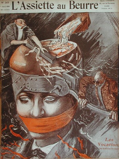 "Les Vocations" ، رسم توضيحي لغلاف "L'Assiette au Beurre". 7 أبريل 1906 (لون ليثو) بواسطة المدرسة الفرنسية