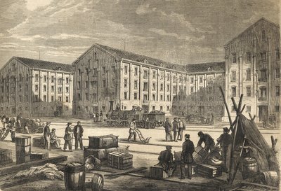 Les docks de Rouen en en 1866 - أرصفة روان عام 1866 - نقش بواسطة المدرسة الفرنسية