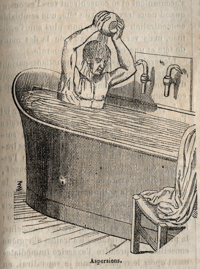 Les Gestures du bain - Hygiene au 19th القرن - رجل في حوض الاستحمام - نقش في "La Sante Universelle - Guide Medical des Familles" 1852 بواسطة المدرسة الفرنسية