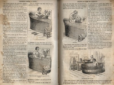 Les Gestures du bain - Hygiene au 19th القرن - رجل في حوض الاستحمام - نقش في "La Sante Universelle - Guide Medical des Familles" 1852 بواسطة المدرسة الفرنسية