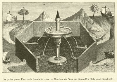 Les quatre grands Fleuves du Paradis terrestre, Mimature du Livre des Merveilles, Relation de Mandeville (engraving) بواسطة المدرسة الفرنسية