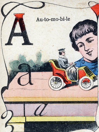 حرف A للسيارات. نقش في "ABC des joux pour petits boys". تصوير بونت آ موسون ، لويس فاني ، ناشر طابعة ، أواخر القرن التاسع عشر. الأبعاد: 32.5 × 25 سم بواسطة المدرسة الفرنسية
