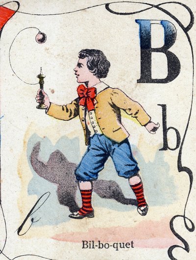 رسالة B Bilboquet. نقش في "ABC des joux pour petits boys". تصوير بونت آ موسون ، لويس فاني ، ناشر طابعة ، أواخر القرن التاسع عشر. الأبعاد: 32.5 × 25 سم بواسطة المدرسة الفرنسية