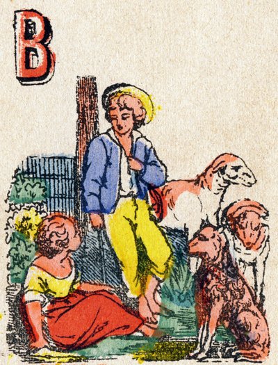 رعاة حرف ب. نقش في "الأبجدية دي جيو" ". السيد فان ، محرر ، Pont-a-Mousson ، أواخر القرن التاسع عشر. سلسلة الوردي. 12 صفحة. ألبوم يحتوي على طريقة قراءة مبسطة ومقطع مصور. قاتمة: 16.5 × 11 سم بواسطة المدرسة الفرنسية