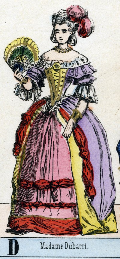 حرف د مثل السيدة دوباري. صورة لجين بيكو ، ديت دي كانتيني ، كونتيسة دو باري (1743-1793) مفضلة لدى لويس الخامس عشر ، ملك فرنسا. Abecedary من متحف المسرح. تصوير إبينال ، حوالي عام 1830. قاتمة: 37.7 × 47.5 سم. نقوش على خشب مطبوخة بالرسم بواسطة المدرسة الفرنسية