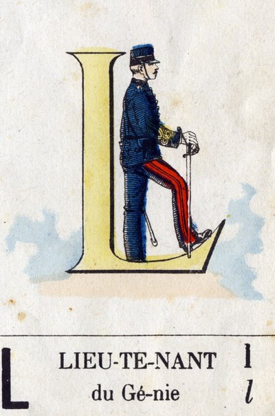 حرف L كملازم. الأبجدية العسكرية. تصوير إبينال ، حوالي 1870-1880. نقوش خشبية ملونة بالاستنسل بواسطة المدرسة الفرنسية