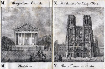 رسالة M Madeleine و N Notre-Dame de Paris (Notre Dame de Paris) - "Alphabet Picturesque des Monumens de Paris" حوالي 1840 (نقش) بواسطة المدرسة الفرنسية