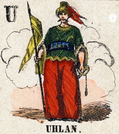 حرف U مثل Uhlan. الأبجدية الموسوعية الصغيرة. تصوير إبينال ، حوالي عام 1860. نقش على الخشب بالستنسل بالذهب. خافت: 37،8 × 50،3 سم. مجموعة خاصة بواسطة المدرسة الفرنسية
