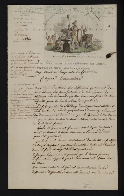 رسالة من Agence Generale des Armes، Poudres et Mines، Brussels، بعد أن ضمت فرنسا جنوب هولندا بواسطة المدرسة الفرنسية