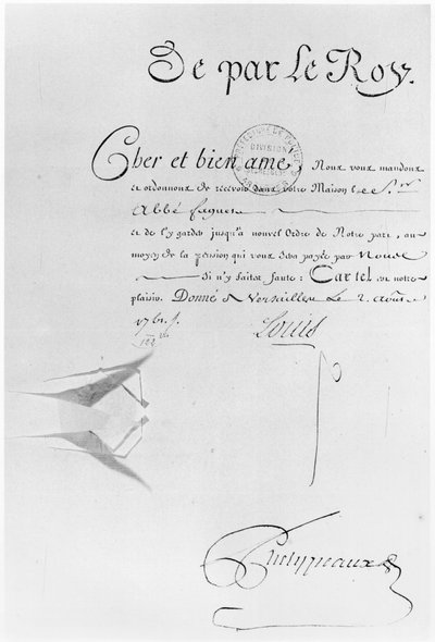 Lettre de Cachet للملك لويس الخامس عشر لحبس الأب فاجير ، 2 أغسطس 1761 (قلم وحبر على ورق) بواسطة المدرسة الفرنسية
