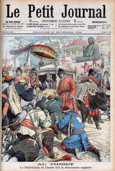 الدالاي لاما الثالث عشر في لاسا (ثوبتن جياتسو) (1876-1933) يفر من الهيمنة الإنجليزية في "لو بيتي جورنال" في 20 نوفمبر بواسطة المدرسة الفرنسية