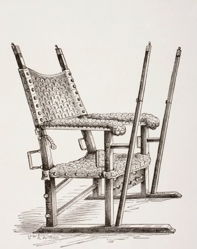 كرسي القمامة الذي استخدمه كارلوس الأول من إسبانيا ، من Les Arts au Moyen Age ، تم نشره عام 1873 بواسطة المدرسة الفرنسية