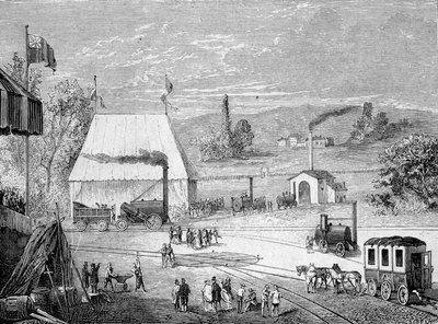 مسابقة القاطرة التي أقيمت في ليفربول ، أكتوبر 1829 - في "" ألبوم العلوم ؛ علماء لامعون الاكتشافات العظيمة "" "1896. بواسطة المدرسة الفرنسية