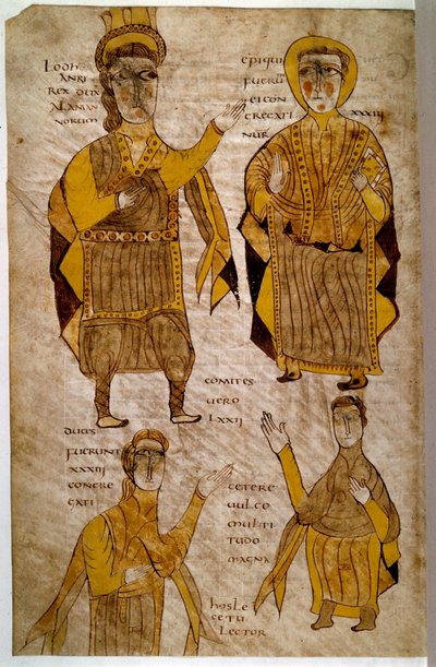 Lodhanri King of the Alamans (أو Alemans: قبيلة جرمانية) يحيط بـ eveque ودوق وكونت. مخطوطة "كتاب الأدب ألاريك ونصوص قانونية أخرى" (الورقة 197v) ، فرنسا ، وادي لوار (؟) ، 803-814. باريس ، ب ن بواسطة المدرسة الفرنسية