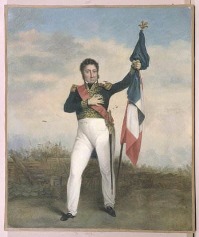 لويس فيليب (1773-1850) يحمل علم الالوان الثلاثة على الحواجز خلال ثورة 1830 بواسطة المدرسة الفرنسية