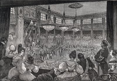 أدى لويس فيليب الأول اليمين الدستورية كملك أمام مجلس النواب ، 9 أغسطس 1830 - ثورة 1830: "" الملك لويس فيليب الأول (1773-1850) أقسم على الحفاظ على ميثاق 1830 في حضور الغرف التي تم لم شملها في القاعة المؤقتة للسلطة الفلسطينية بواسطة المدرسة الفرنسية