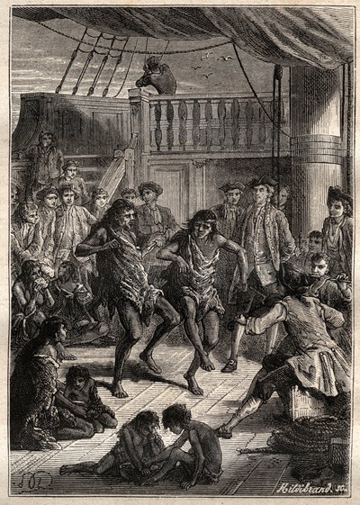 استقبل لويس أنطوان ، كونت بوغانفيل (1729-1811) سكان Bay Fortescue (ديترويت ماجلان) في قاربه "La Boudeuse" "في عام 1768 - رسم توضيحي من" البحارة العظماء في القرن الثامن عشر " بواسطة المدرسة الفرنسية