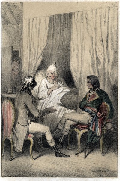 طلب لويس أنطوان فوفيليت دي بوريان (1769-1834) ، الدبلوماسي والإداري الفرنسي ، والجنرال نابليون بونابرت (1769-1821) مالًا للحملة الإيطالية من رأسمالي عجوز مريض. لوحة مأخوذة من "" Scenes de la vie des hommes الشهيرة "" "engravi بواسطة المدرسة الفرنسية