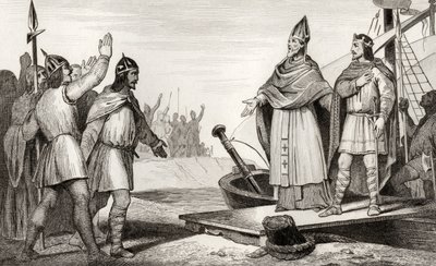 لويس الرابع (921-54) d&39;Outremer يهبط في فرنسا بعد وفاة راؤول في 936 ، من `` Histoire de France &39;&39; بواسطة Colart ، تم نشره عام 1840 بواسطة المدرسة الفرنسية