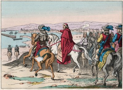 لويس الثالث عشر (1601-1643) والكاردينال ريشيليو في مقر لاروشيل ، ساحة البروتستانت في أكتوبر 1628 - الكاردينال دي ريشيليو ولويس الثالث عشر (1602-43) في حصار لاروشيل في أكتوبر 1628 - نقش نهاية القرن التاسع عشر بواسطة المدرسة الفرنسية