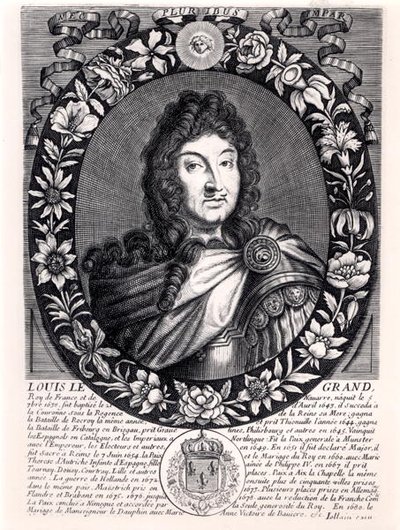 لويس الرابع عشر (1638-1715) ملك فرنسا ، حوالي 1680 (نقش) (صورة بالأبيض والأسود) بواسطة المدرسة الفرنسية