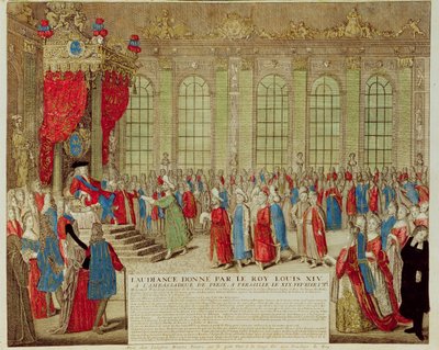 لويس الرابع عشر (1638-1715) يستقبل السفير الفارسي محمد رضا بك في غاليري دي غلاس في فرساي ، 19 فبراير 1715 بواسطة المدرسة الفرنسية