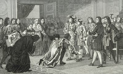 لويس الرابع عشر (1638-1715) يقدم صن كينج حفيده فيليب الخامس (1683-1746) إلى المبعوثين الإسبان ، من "هيستوار دي فرانس" من قبل كولارت ، نُشر عام 1840 بواسطة المدرسة الفرنسية