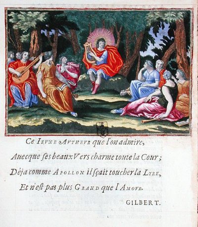 لويس الرابع عشر مثل أبولو مع Nine Muses ، من "La Lyre du jeune Apollon ou La Muse nasante" ، مجموعة قصائد فرانسوا دي بوشاتو (مواليد 1645) بواسطة المدرسة الفرنسية