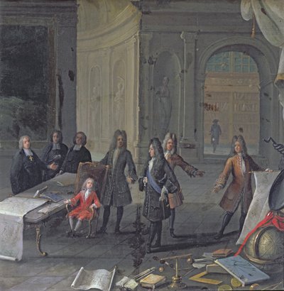 لويس الرابع عشر يحضر درسًا لحفيده العظيم ، لويس الخامس عشر المستقبل ، c.1715 بواسطة المدرسة الفرنسية